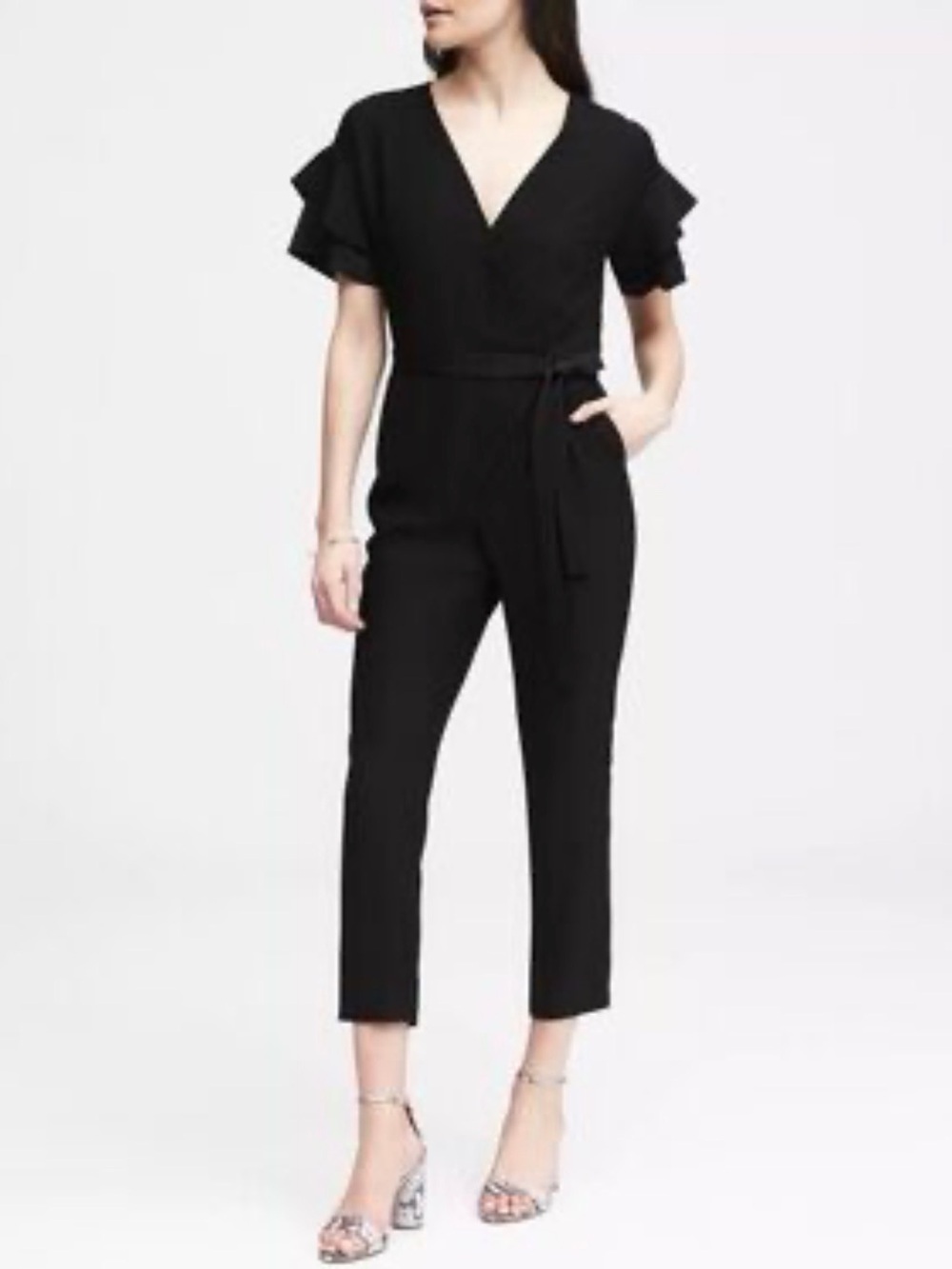 Banana Republic Black V-Neck Ruffle Sleeve Belted Jumpsuit